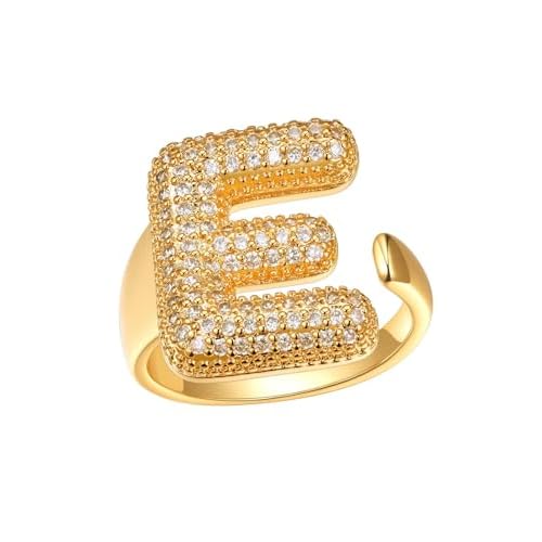 FindChic Initial Ring for Women, Gold Plated Chunky Letter Rings Open Adjustable Trendy Sparkling Cubic Zirconia Personalized Statement Rings Jewelry Gift Letter-E