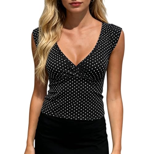 Women Deep V Neck T Shirt Polka Dot Cross Cap Sleeve Sexy Slim Fit Crop Top Y2k Casual Going Out Streetwear (Black, S)