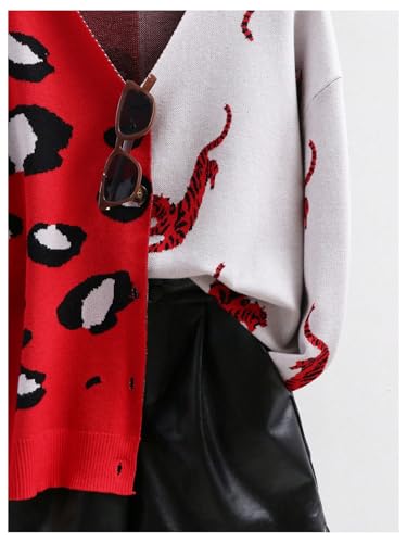 Image of WDIRARA Women's Leopard Tiger Print Cardigan V Neck Long Sleeve Color Block Button Down Sweater Outwear
