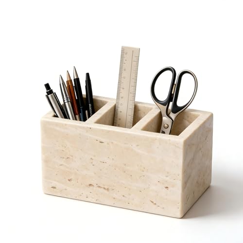 SIRIZEN-DIVING Travertine Desk Organizer, 3 Compartment Pencil Holder