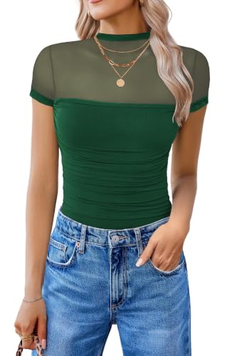 Image of Avidlove Women's Short Sleeve Bodysuit Turtle Neck Body Suits Mesh One Piece Leotard Going Out Tops Date Outfits