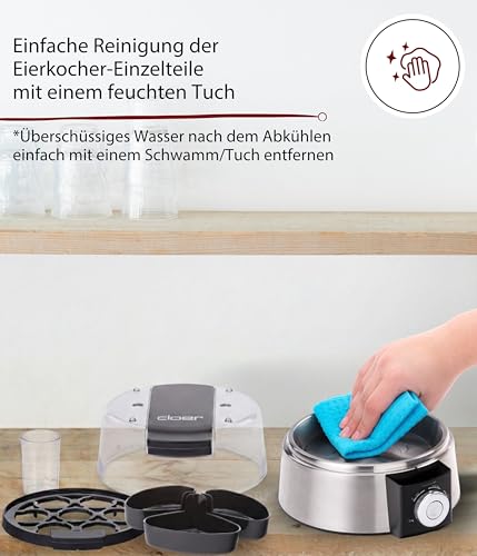 Foto von Cloer 6070 Elektronischer Eierkocher für bis zu 7 Eier, Weiterkochfunktion, akustische Fertigmeldung, 3 Pochierschalen, 435 W, Edelstahl