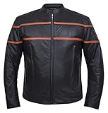 UNIK Men's Premium Scooter Striped Cowhide Leather Motorcycle Jacket (2XL), XX-Large, Black