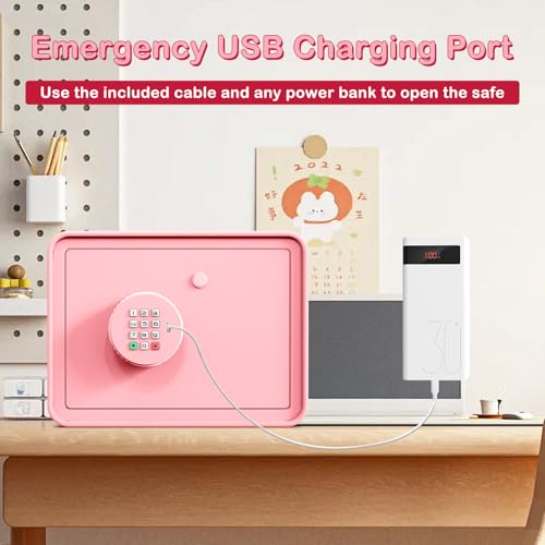 Kids Mini Safe Small Cash Box – GoldenKey Pink Macaron 7”x9.4”x6.3” Money Security Safe with Coin & Bill Slot, Keypad & Key Lock, USB Backup, DIY Stickers, Piggy Bank for Home by GOLDENKEY - Image 4