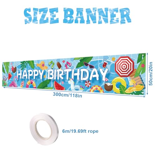 Lyreh Poolparty-Banner, 300x50cm Sommergeburtstags-Pooldekoration mit Seil Großes Party-Hintergrundbanner Zubehör für Foto-Requisiten (Happy Birthday-Stil)
