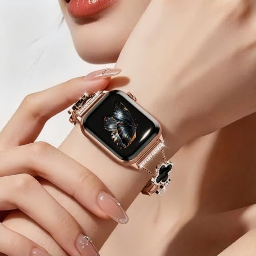 Rose Gold Band Women, for Apple Watch Series 11 46mm, Clover Rhinestone by LUOHIA - Used condition - Image 2