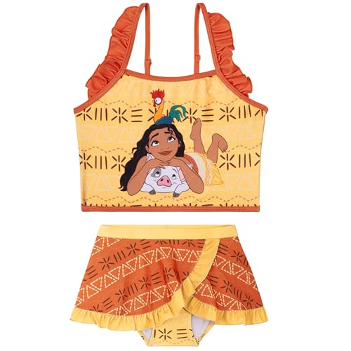 Disney Vaiana Maillot de Bain Fille 4 à 10 Ans, Maillot de Bain 2 Pieces avec Haut et Jupe Courte Tissu Élastique Cadeau Fille (5-6 Ans, Rouge/Orange Moana)
