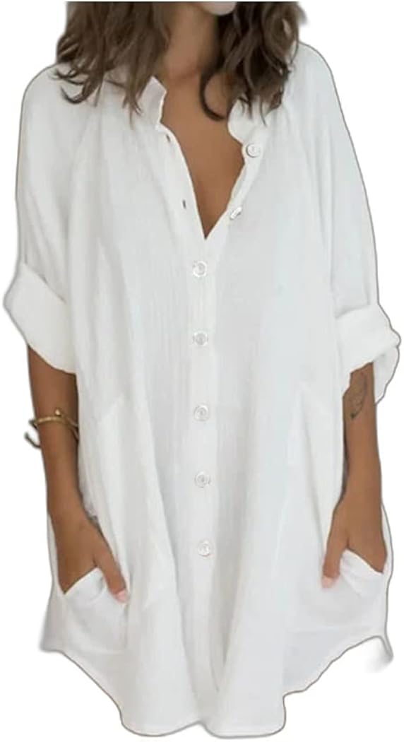 Amazon.com: Vestido camisero corto para mujer, color blanco, verde, manga  larga, retazos divididos : Ropa, Zapatos y Joyería