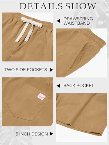 PLEPAN Mens Casual Corduroy Shorts 5 Inch Inseam Stretch Elastic Waist Lightweight Summer Beach Shorts for Men, Khaki, US (38) XL
