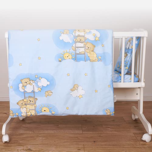 5 Piece Bedding Set Duvet Pillow with Covers & Cotton Sheet for 95x65 cm Baby Travel Cot (Ladders Blue)