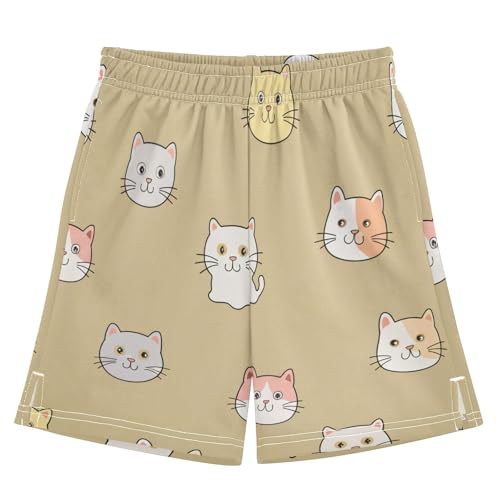 Cartoon Cats Athletic Shorts with Zipper Pockets, Youth Boys Athletic Running Shorts for Summer