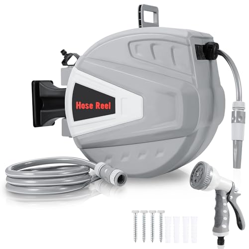 Herrselsam Schlauchtrommel Wasser 20m Automatische Schlauchaufroller Inkl. Multi-Handbrause Schlauchtrommel mit Wandhalterung 180° Schwenkbar Gartenschlauch