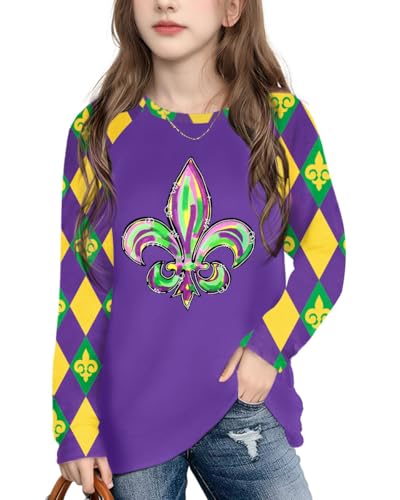 Image of Mardi Gras Shirt for Kids: Toddler Boys Girls Mardi Gras Long Sleeve Happy Carnival Outfits Mask Graphic Tee 4-12 Years