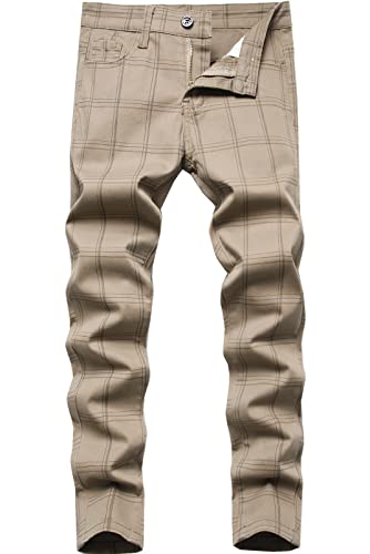 Boy's Khaki Chino Pants School Uniform Dress Plaid Skinny Fit Stretch Fashion Comfy Pants,1092,16