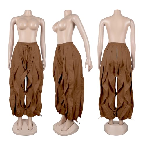 LETSVDO Womens High Waisted Tassel Pants Pleated Ruffle Cargo Balloon Y2k Bubble Loose Palazzo Casual Sweatpant Joggers Brown