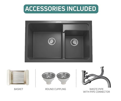 Image of ARQUIN Double Bowl Quartz Kitchen Sink 31x18x9 Inch Grey | Durable & Scratch-Resistant Sink | Undermount,Topmount | Including Coupling,Sink Connector,Waste Pipe & Fruit Washing Basket