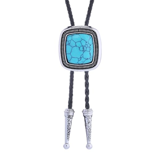 Image of Turquoise Bolo Tie for Men, Leather Braided Necktie Western Cowboy Bola Tie Costume Accessories for Men Women