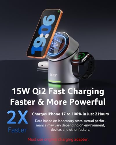 Acer 3 in 1 Wireless Charging Station for Apple, Strong Magnetic Charger for iPhone, Magesafe Charger, Fast Charger Stand Compatible with iPhone 17, Apple Watch, AirPods (Non-Battery, with Adapter) - image 2