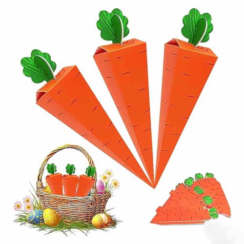 Cestas de Pascua 50 unidades cajas de zanahoria naranja hechas de cartón reutilizable para regalos, huevos, dulces y decoración infantil