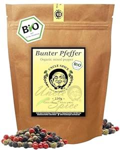 UNCLE SPICE® BIO Bunter Pfeffer 150g – Ganze Pfefferkörner in Premium Bio Qualität – Aromatische Pfeffermischung aus Schwarz, Weiß, Grün & Rosa Pfeffer – Vielseitig, naturrein & vegan, DE ÖKO 005