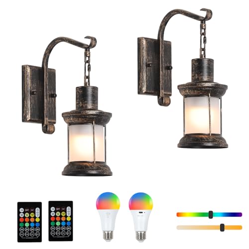 HMVPL Rustic Battery Operated Wall Sconce Set of 2, Wireless Wall Sconces with Remote Control, Rechargeable RGB Bulbs, Dimmable Retro Wall Lamp for Bedroom, 8 Colors Vintage Wall Light for Living Room