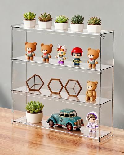 コレクションケース アクリル 壁掛け式3段ミニフィギュア用アクリルケース、 開閉可能な扉付き透明アクリルショーケース、 コレクターアイテム用防塵ディスプレイ棚