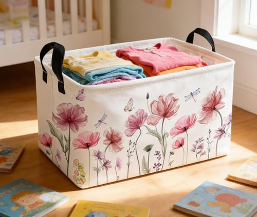 Image of Essme Rectangular Flower Basket,Girls Baskets Empty with Handles,Cute Baskets for Kids Room Decor,Boys and Girls, Gift Basket,(Flowers)