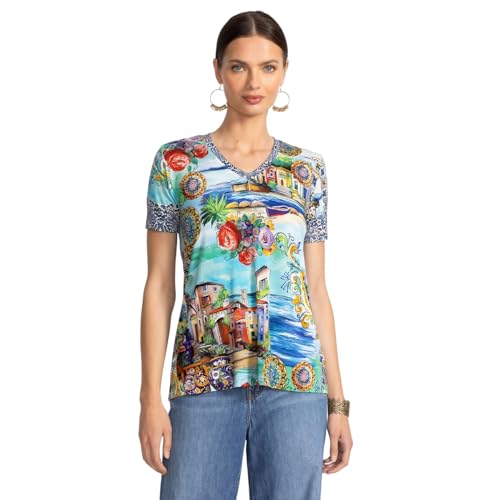 Johnny Was Janie Favorite Christy Short Sleeve V Neck Swing Tee Floral Shirt Green Blue Top New