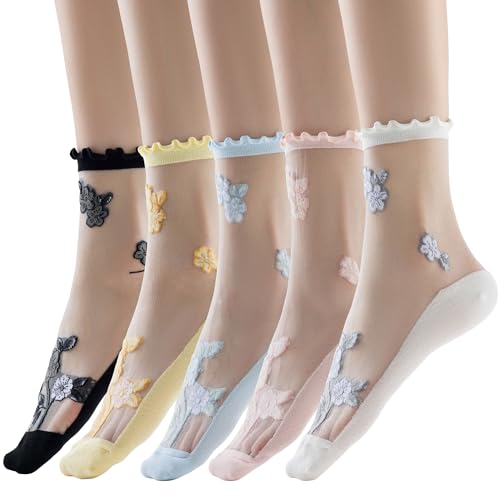 YFUNNLE Womens Sheer Socks, Summer Transparent Thin Mesh Lace See Through Ruffle Stylish Socks