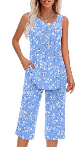 Image of Findsweet Women Pajamas Sets Loungewear Soft Sleepwear Two Piece Summer Sleeveless Pjs Tank Top Pants with Pocket S-4XL
