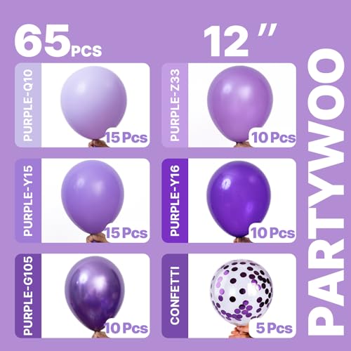 Image of PartyWoo Purple Balloons 65pcs 12 Inch Light Pastel Dark Metallic Purple Lilac Lavender Confetti Balloons for Graduation Baby Shower Birthday Wedding Anniversary Butterfly Princess Party Decorations