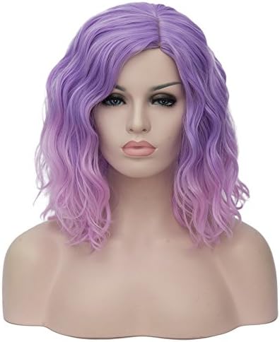 BERON 14" Women Girls Short Curly Bob Wavy Ombre Pink Wig Body Wave Daily Hair Wigs (Light Purple to Pink)