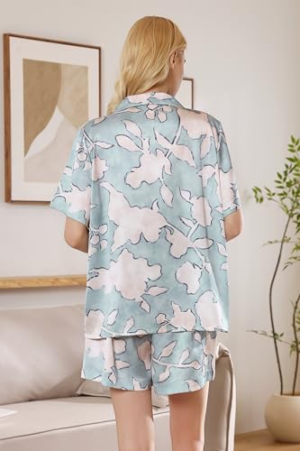 Image of YiNi LuLu Womens Silk Satin Shorts Pajamas Set Button Down 2 Piece Pjs Short Sleeve Oversized Sleepwear with Pockets