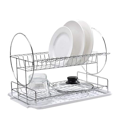 POPILION Quality Steel Kitchen Sink Side Dish Drying Rack,Drain Rack Set(3-Piece) with Black Drainboard and Separate Box For Cutlery