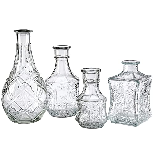 Mygift Set Of 4 Assorted Vintage Embossed Bud Vase Decorative Glass Bottle, Small Essential Oil Diffuser Bottles #TOP6