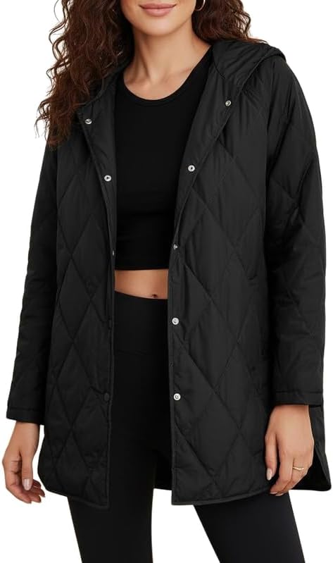 Women's Winter Quilted Jackets Casual Long Sleeve Diamond Puffer Hooded Jacket Button Outerwear Coats with Pockets