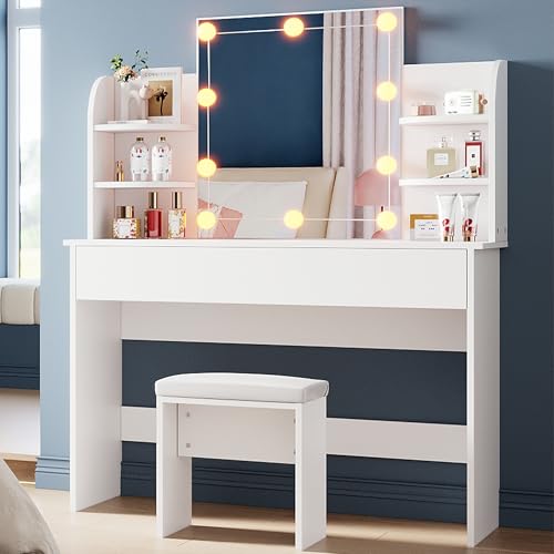 SONNI Großer Schminktisch mit Hocker, 108x40x140cm, 10 LED-Beleuchtung, Spiegel(3 Farben, 10...