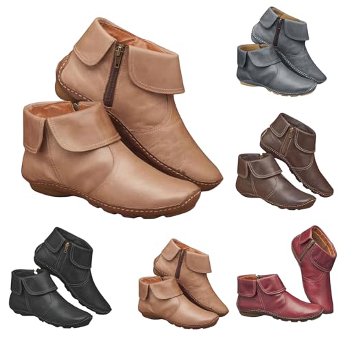 Vintage Leather Boots for Women Side Zipper Ankle Boots Casual Walking Short Bootie Lightweight Slip On Flats Fall Winter Outdoor Shoes Fashion Round Toe Damping Shoes3