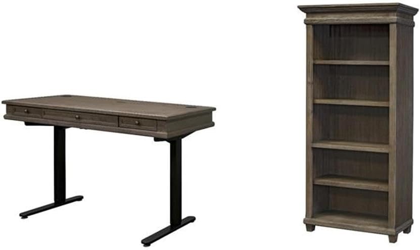 BOWERY HILL Set of 2 Electronic Sit/Stand Desk and Open Bookcase in Gray
