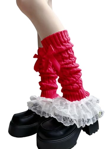 Leoparts Womens Knit Leg Warmers Y2K Bow Lace Trim Knee High Leg Sleeve Socks for Lolita Costume Party Accessory