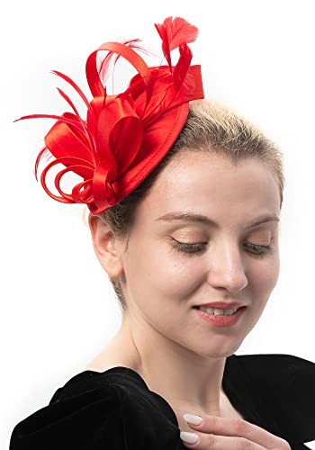 Felizhouse Fascinator Hats Hat Tea Party Feather Hair Clip Bridal Headpieces Ascot Headband For Women (Red) #TOP2