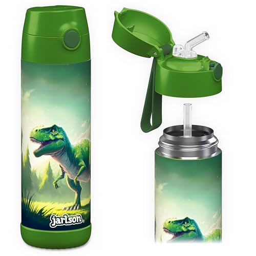 Jarlson® Borraccia Termica Bambini 500ml CHARLI [CON CANNUCCIA] - Bottiglia Acciaio Inox - Termos per Bambini e Bambine - Mantiene Freddo - Senza BPA - Ideale per Scuola, Sport e Viaggi (DINOSAURO)