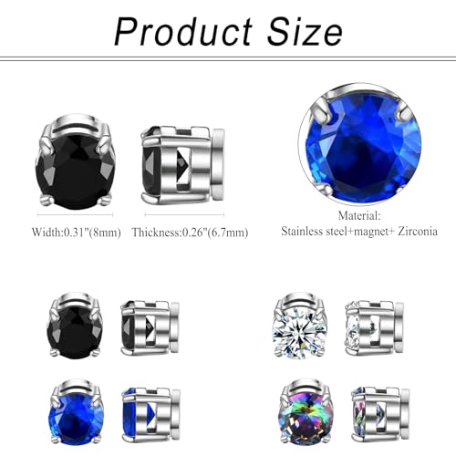 JewelryWe Kolczyki magnetyczne dla mężczyzn i kobiet: 4 pary 8 mm kolorowe okrągłe cyrkonie stal szlachetna magnetyczne kolczyki na sztyfcie, bez przekłuwania uszu, Stal nierdzewna