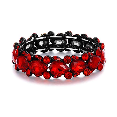 Flyonce Women's Austrian Crystal Wedding Bridal Floral Tear Drop Elastic Stretch Bracelet Red Black-Tone