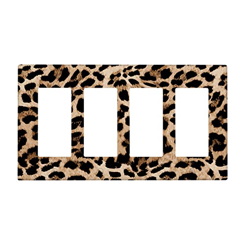 Leopard 4 Gang Light Switch Cover Decorative, Wild Animals Skin Cheetah Fur Spots Quad Rocker Wall Plate Decora Switchplate Electrical GFCI Faceplate for Kitchen Bathroom Living Room Wall Panel Decor