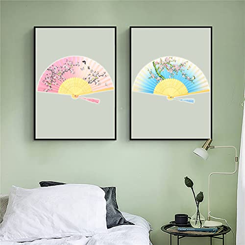 Leehome Small Folding Hand Fans for Women -Chinese Japanese 2pcs Vintage Bamboo Silk Fans - for Dance, Music Festival, Wedding, Party, Decorations,Gift. (Blue Peach Blossoms & Pink-Green Sakura)