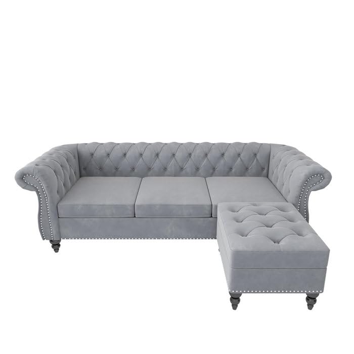 Image of Chesterfield Velvet 3 Seater Round Arm Sofa + Ottoman Modern Sofa for Your Loving Space, Bedroom, Living Room, Offices (Grey)