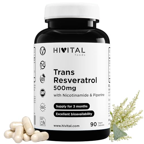 Trans-Resveratrol 500 mg. 90 cápsulas veganas para 3 meses de tratamiento. Con Nicotinamida y Piperina. Extracto Natural de Fallopia Japonica al 98% en Resveratrol Natural Puro. De HIVITAL