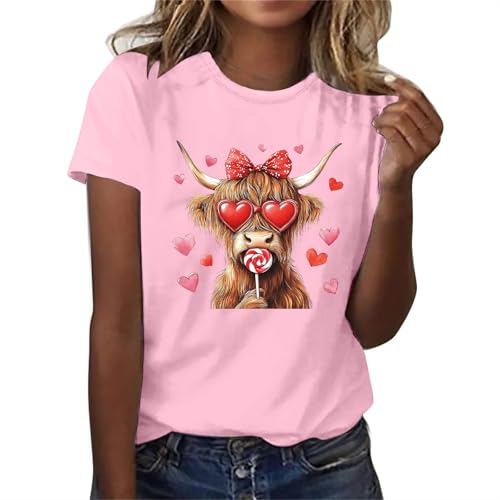 Camiseta para mujer con estampado divertido de dibujos animados Yak, San Valentín, manga corta, verano, cuello redondo, camiseta de ocio, camiseta de verano ligera, camiseta de verano moderna
