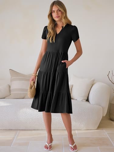 ANRABESS Womens Summer Causal Dresses V Neck Short Sleeve Midi Dress 2026 Flowy Tiered Boho Beach Sundress Vacation Outfits Black M — view 2